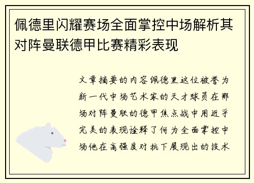 佩德里闪耀赛场全面掌控中场解析其对阵曼联德甲比赛精彩表现