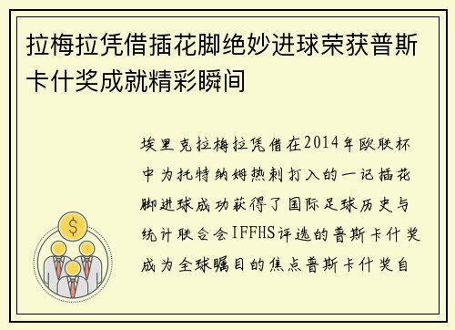 拉梅拉凭借插花脚绝妙进球荣获普斯卡什奖成就精彩瞬间